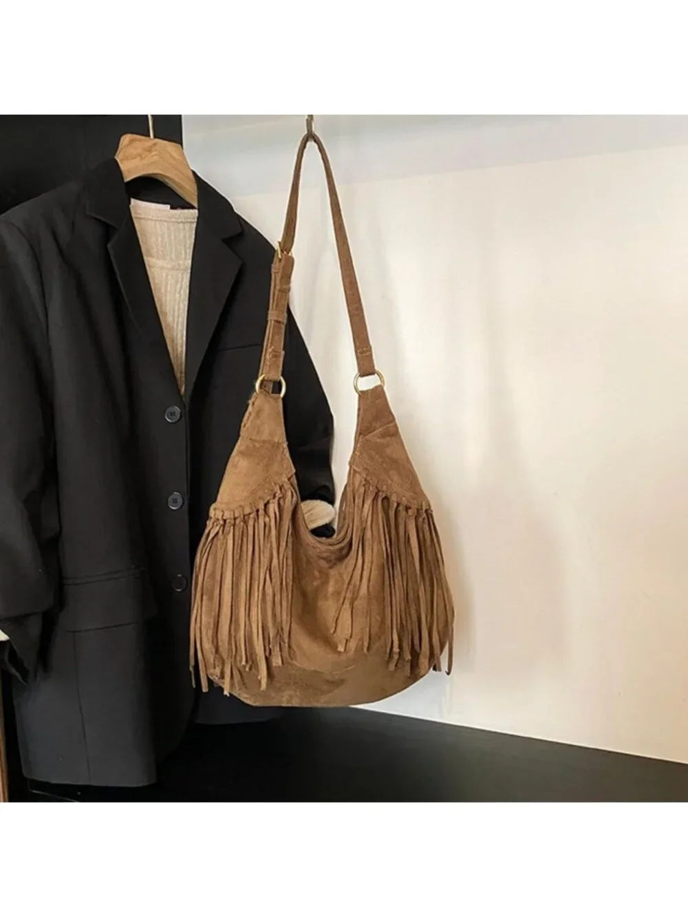 Vintage Suede Fringe Hobo Tote Bag | Western Cowgirl Crossbody Purse